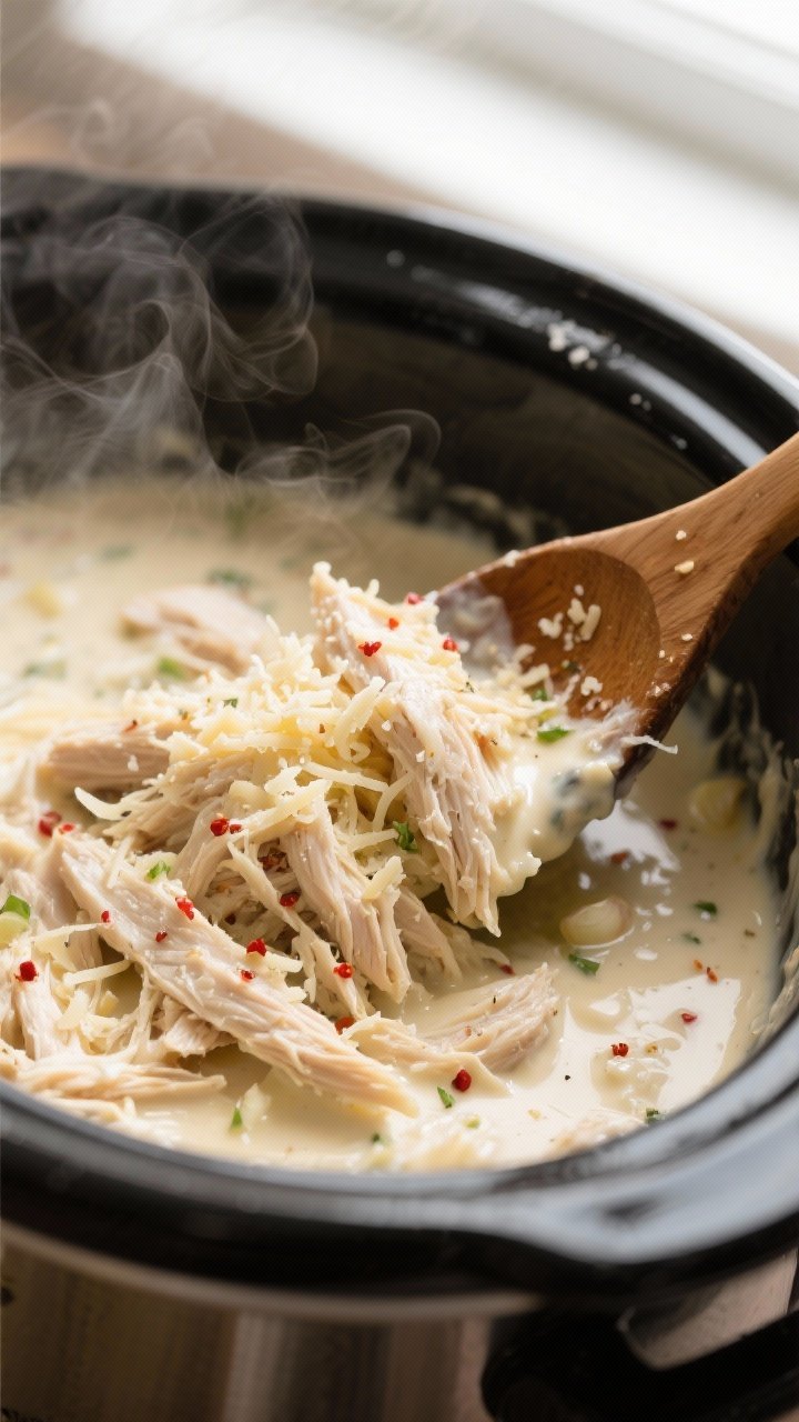 Cooking process, close-up detail: Shredded slow-cooker chicken being folded back into a silky Parmes