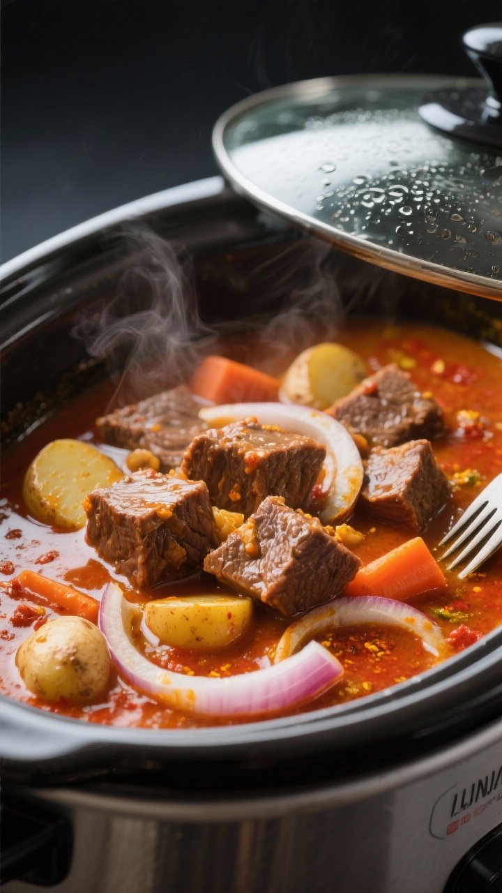 Cooking process, close-up detail: Slow cooker beef coconut curry mid-cook with fork-tender beef chuc