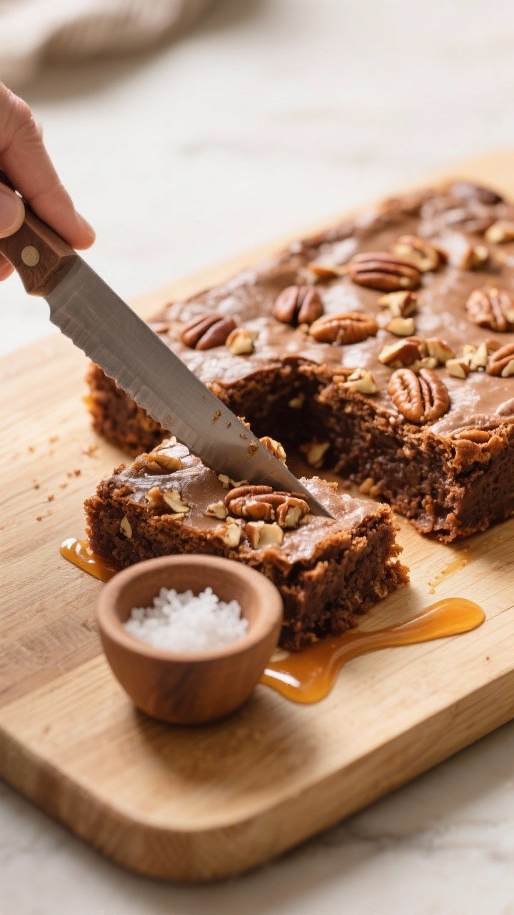 Cooking process: Maple Pecan Blondies mid-slice on a cutting board, focusing on the fudgy interior c