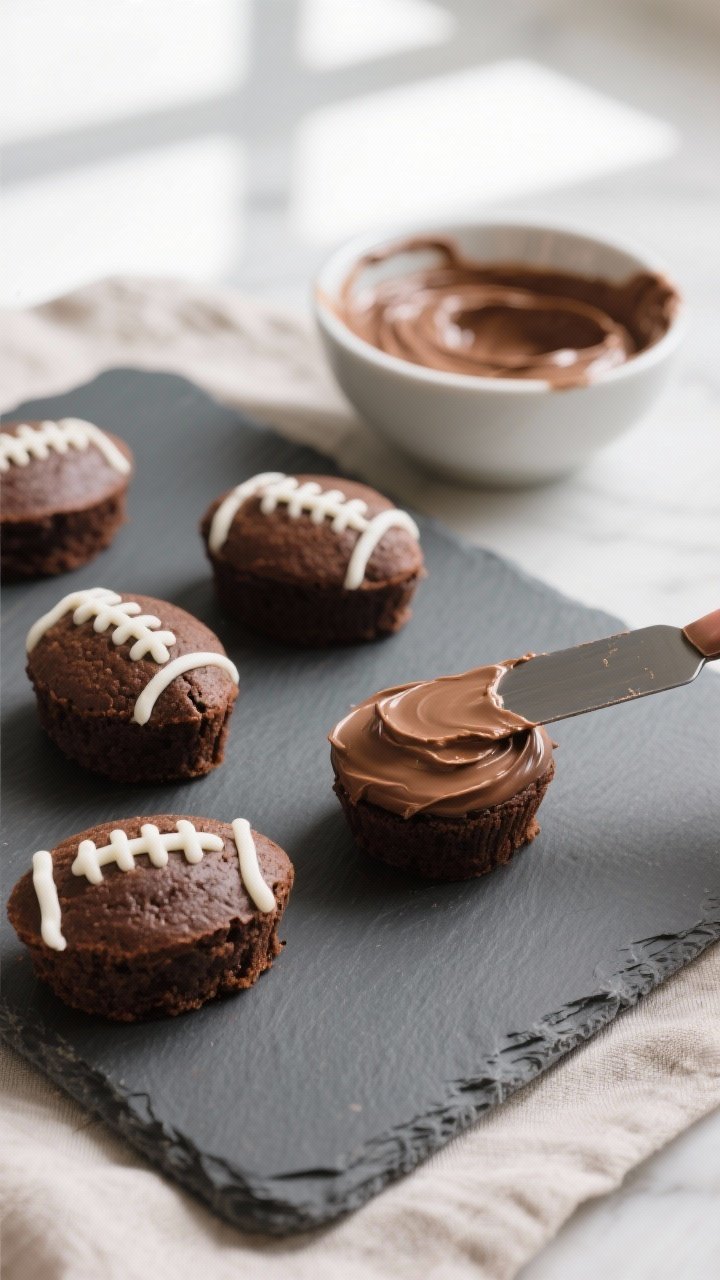 Cooking process: Overhead shot of cooled football-shaped brownie bites being frosted, a small offset