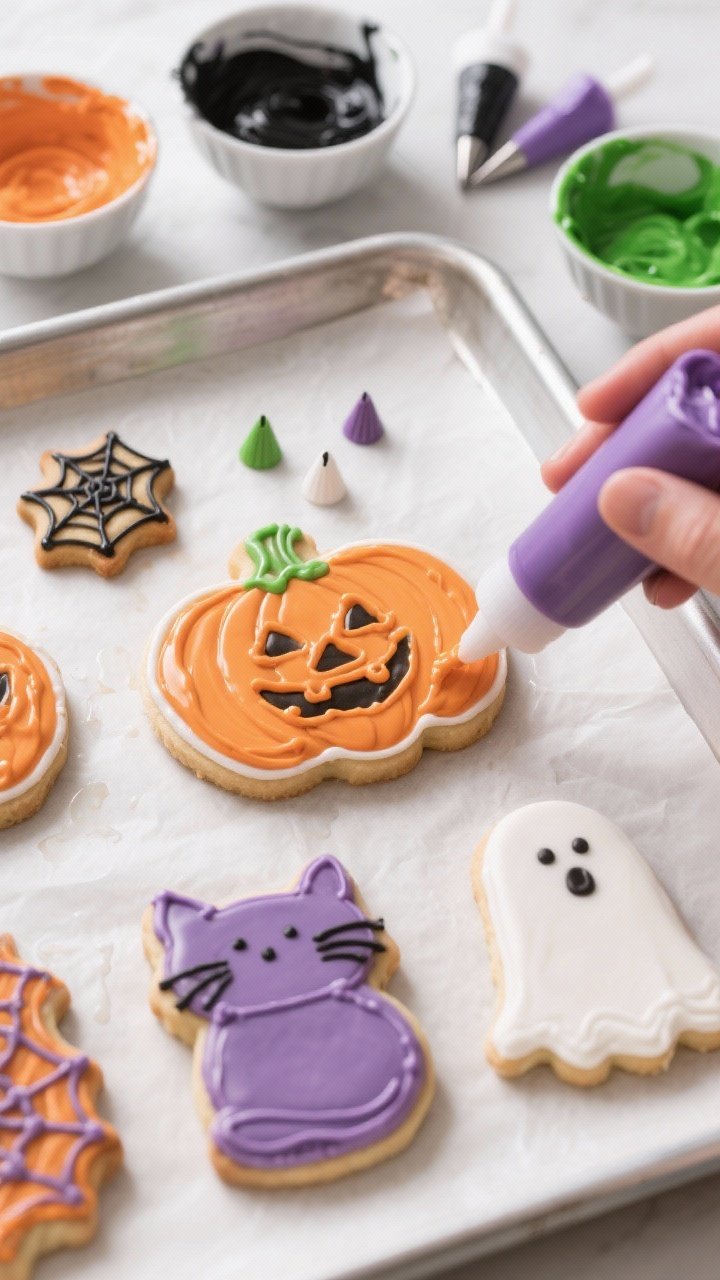 Cooking process: Overhead shot of decorated cookies being outlined and flooded on parchment-lined sh