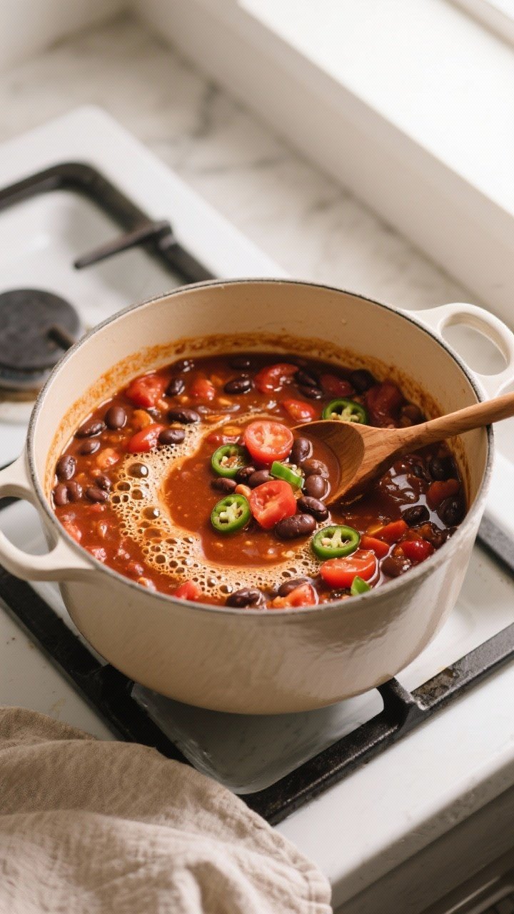 Cooking process: Overhead shot of the chili at a gentle simmer in a wide pot after deglazing with be