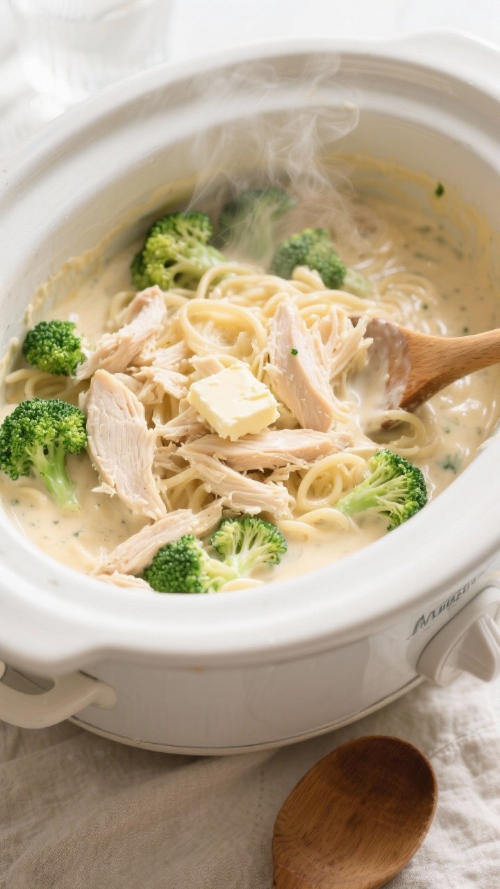 Cooking process: Overhead shot of the crockpot just after shredding and stirring the chicken back in