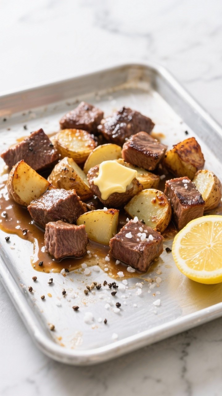 Cooking process: Overhead shot of the “finish” move—beef bites and potatoes just broiled on a