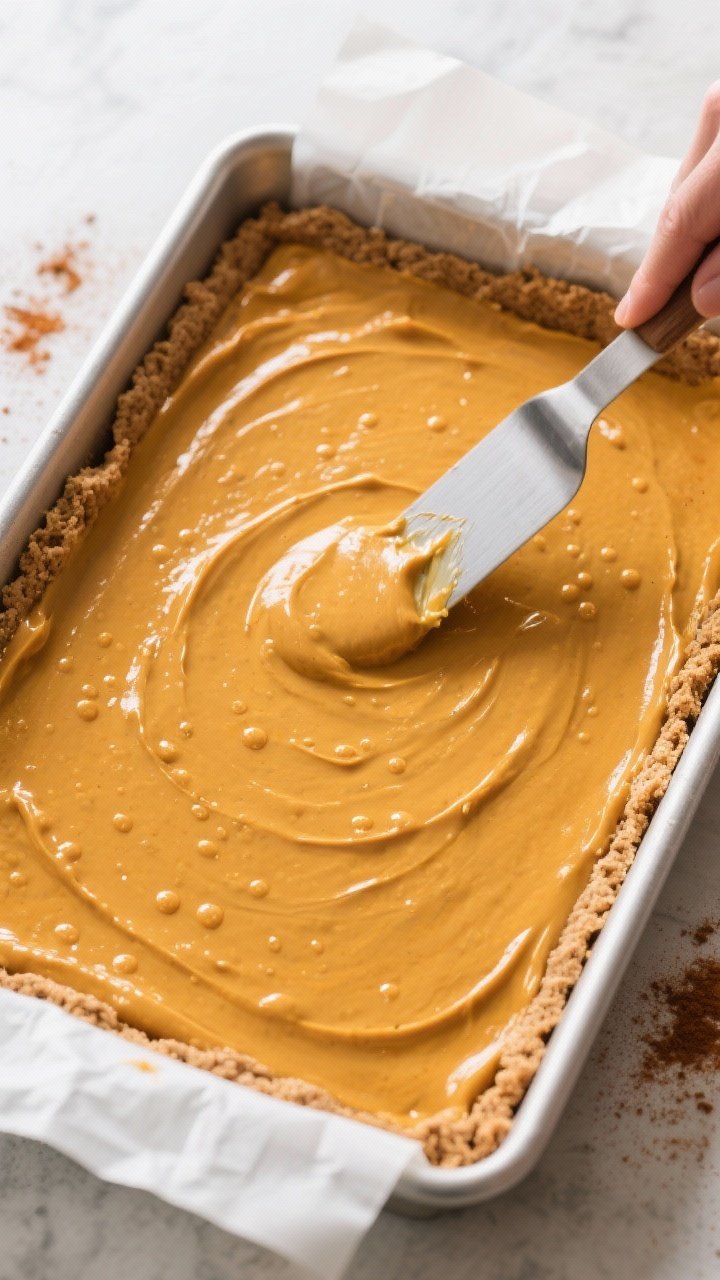Cooking process: Overhead shot of the par-baked graham crust in a 9x13 pan with the glossy pumpkin c