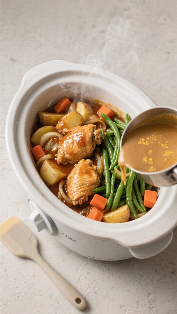 Cooking process: Overhead shot of the slow cooker just after adding green beans in the final 30 minu