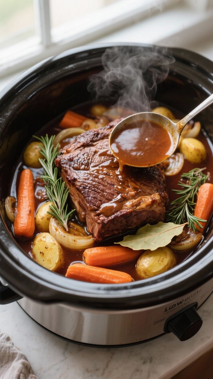 Cooking process: Overhead shot of the slow cooker just opened on LOW after 8 hours, showing the brow