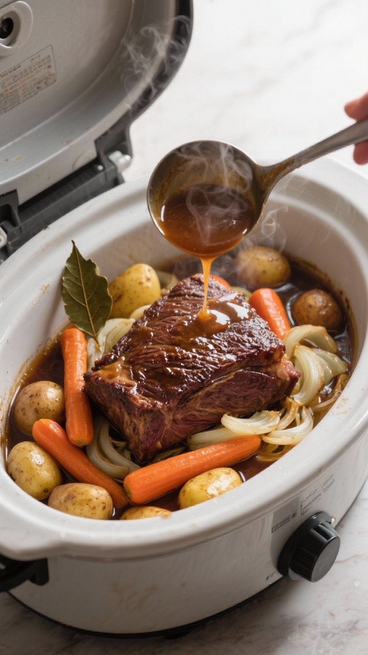 Cooking process: Overhead shot of the slow cooker open with the roast nestled on a raft of cooked on