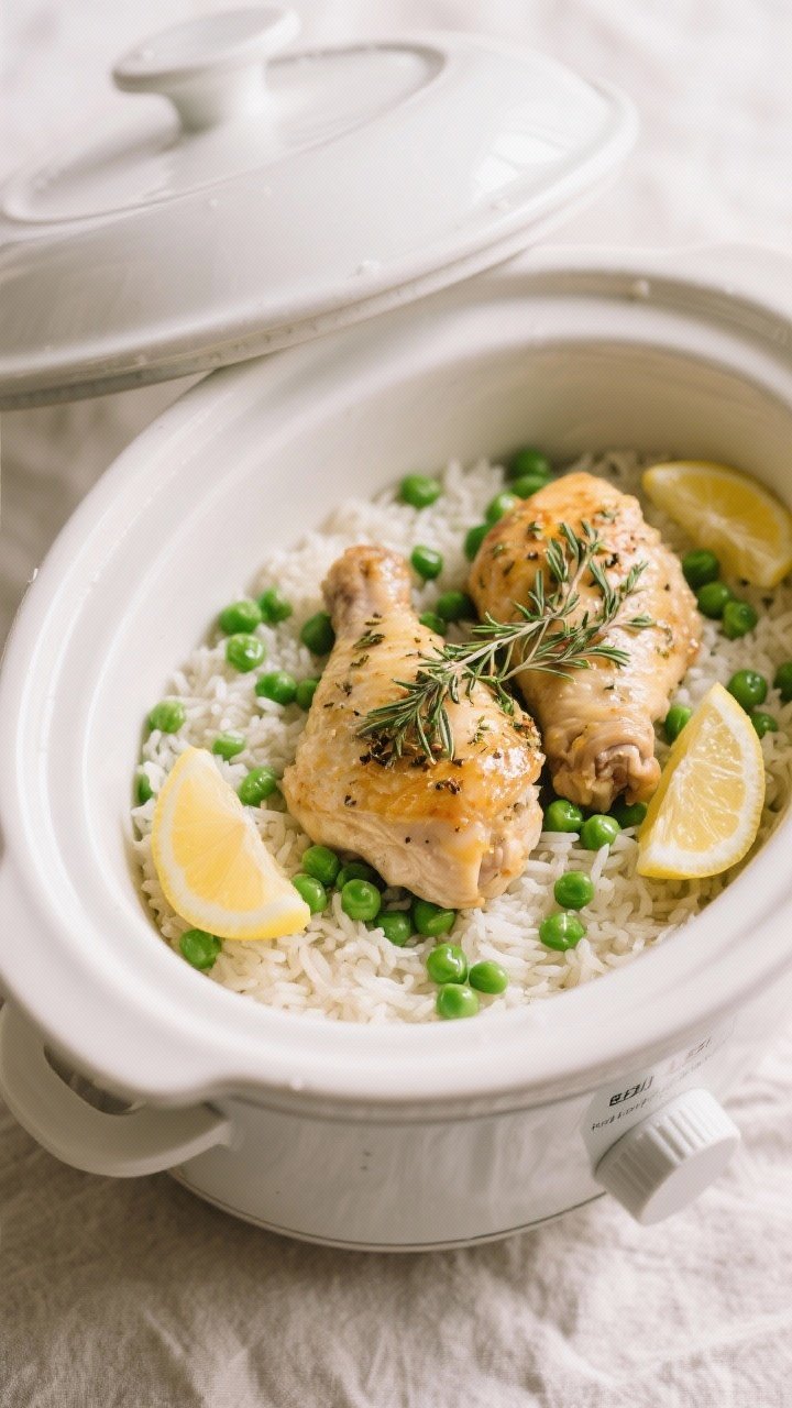 Cooking process: Overhead shot of the slow cooker just after the final 10-minute rest—lid off—sh