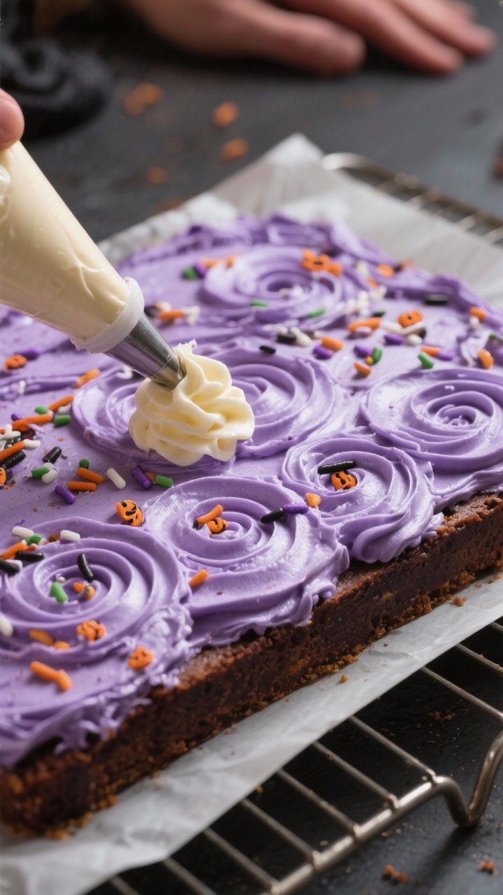 Cooking process shot: cooled slab on a rack being generously frosted (no hands shown) with a swooped