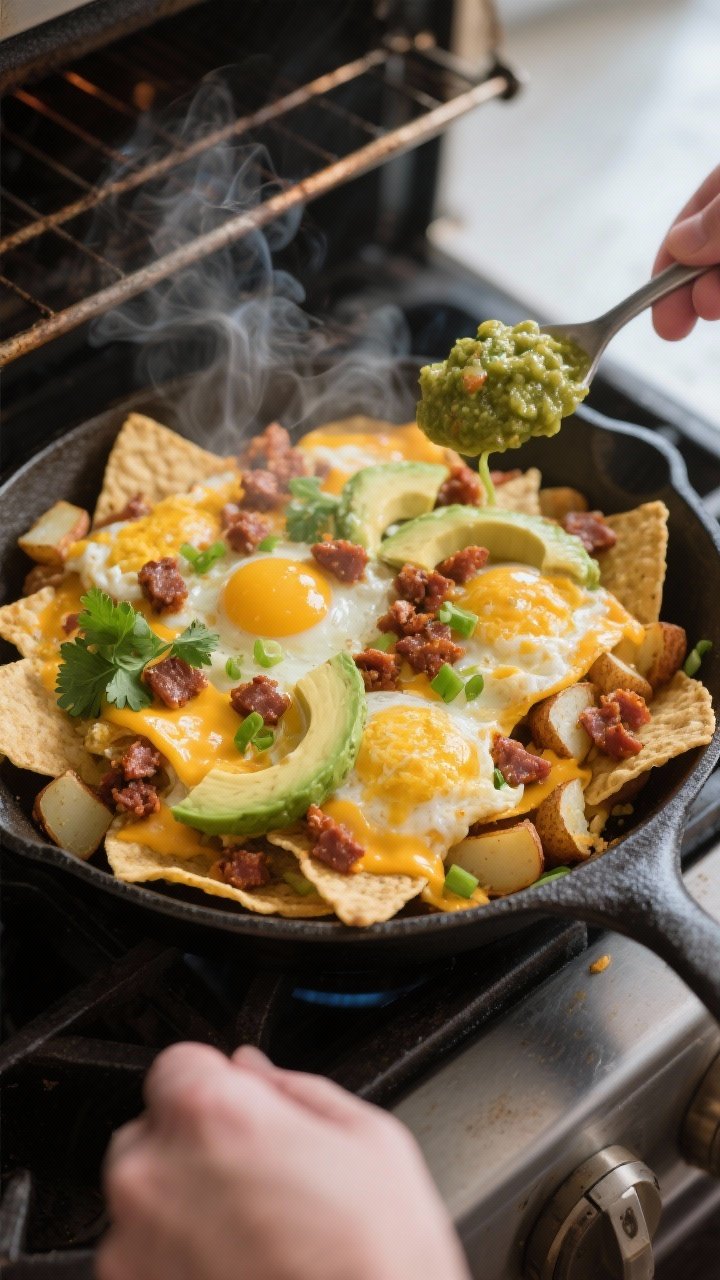 Cooking process shot of Breakfast Nachos being finished under the broiler: wide but close angle on a