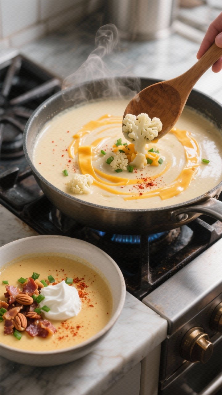 Cooking process shot of Cauliflower Cheddar “Loaded” soup just off heat: silky cauliflower base 
