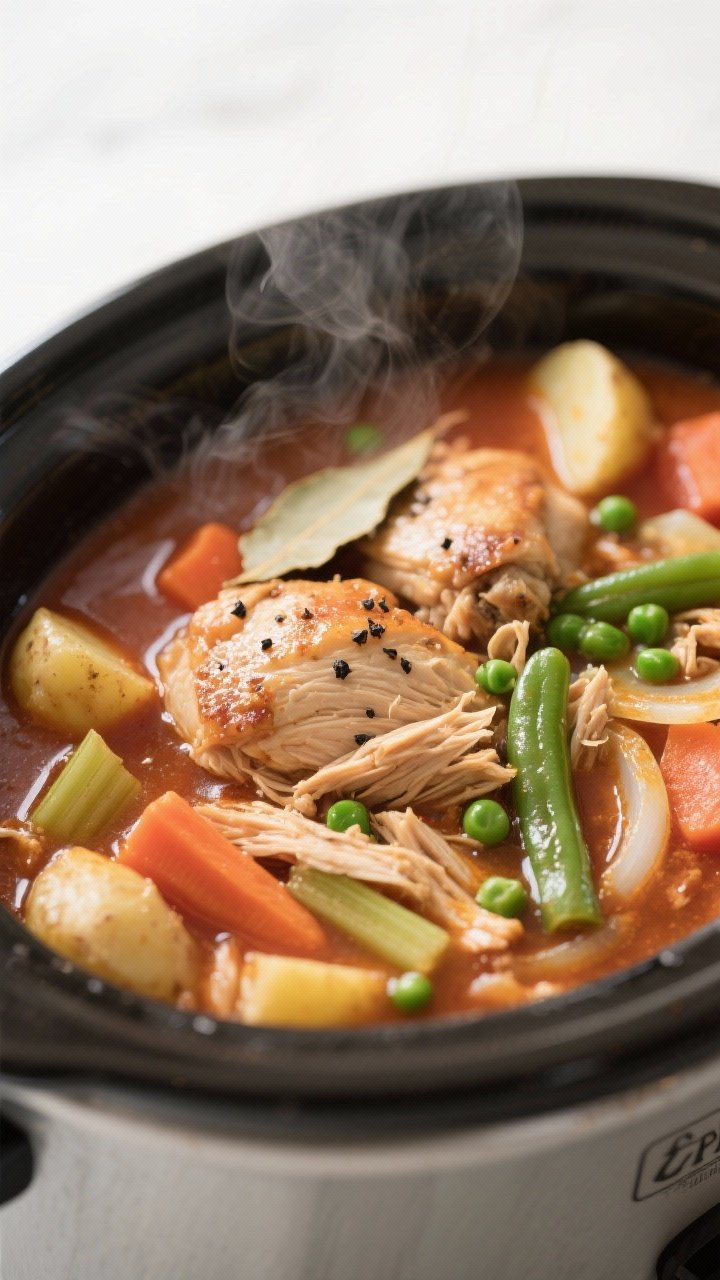 Cooking process: Slow cooker chicken stew mid-cook, shredded seared chicken thighs just returned to