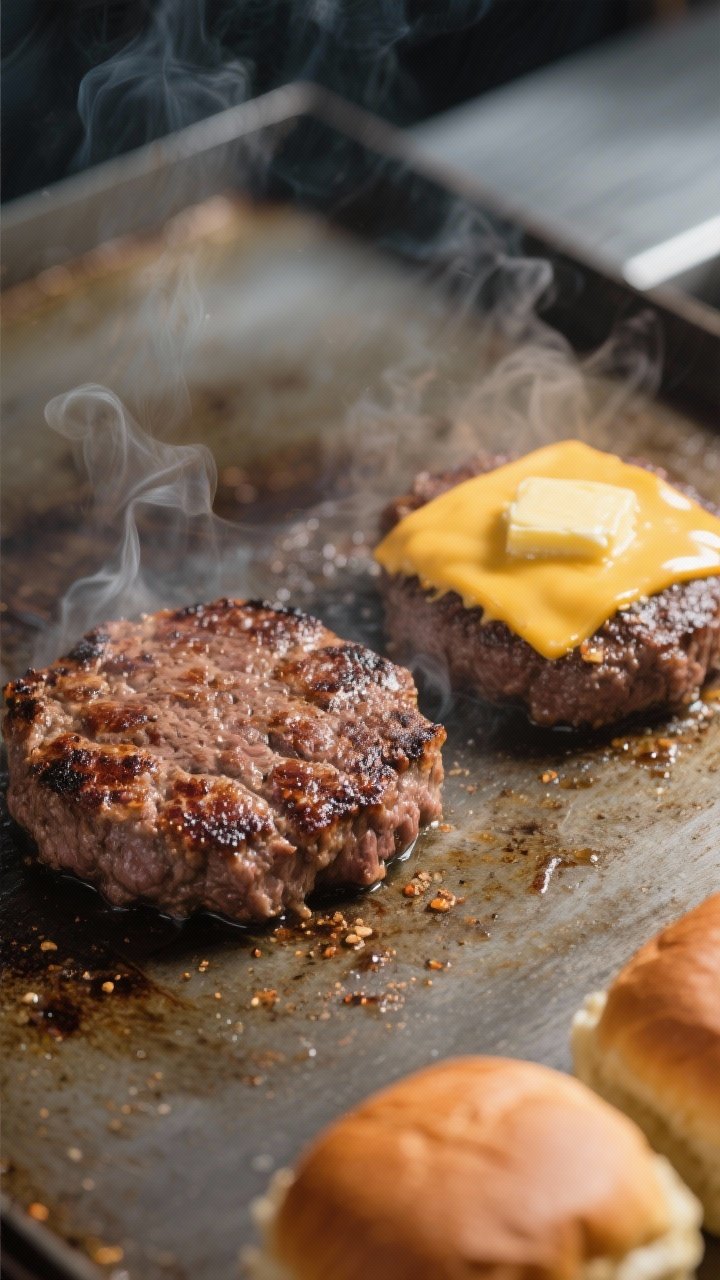 Cooking process, smash-style: Close-up of two sizzling smash beef patties on a hot flat-top griddle,