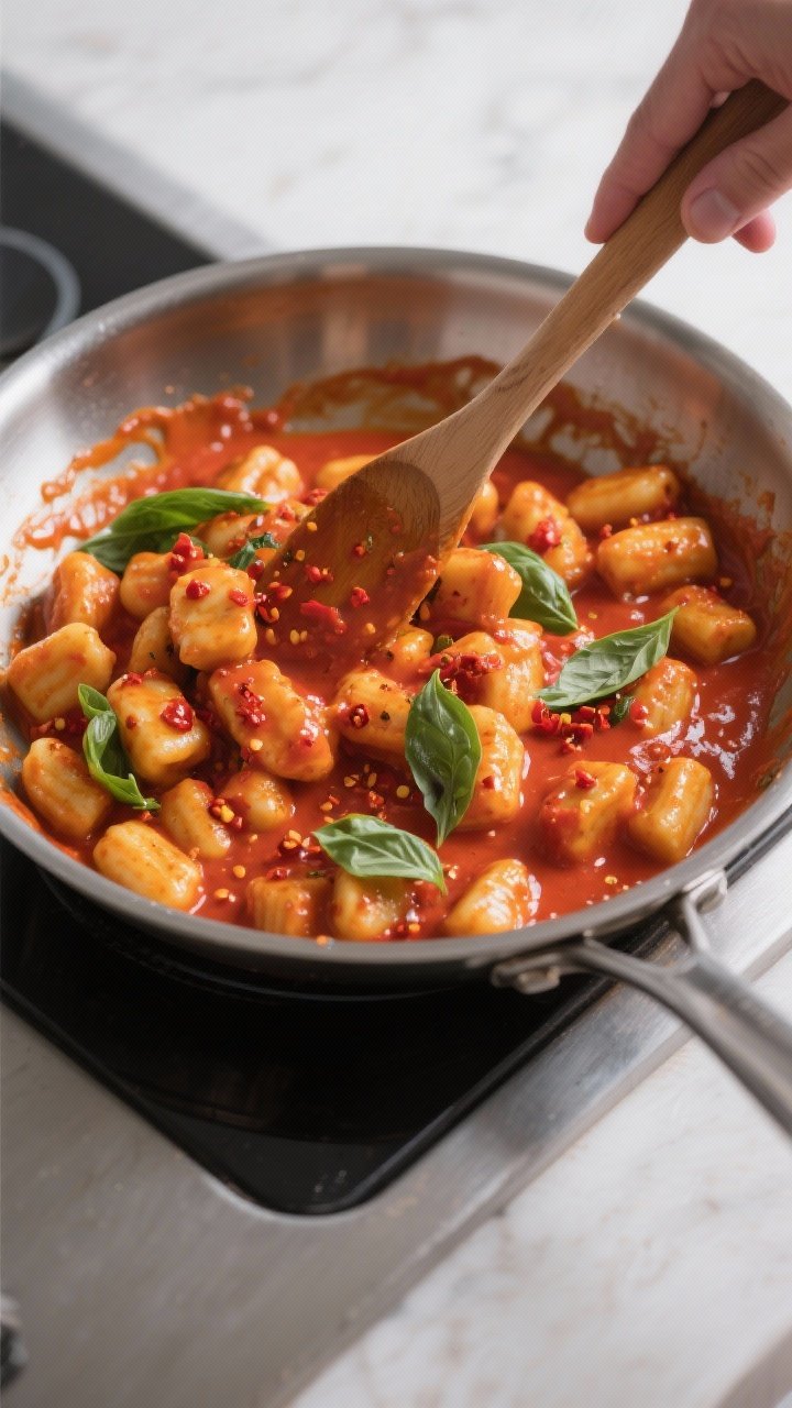 Cooking process: Spicy vodka tomato cream pumpkin gnocchi being tossed in a sauté pan—silky brick