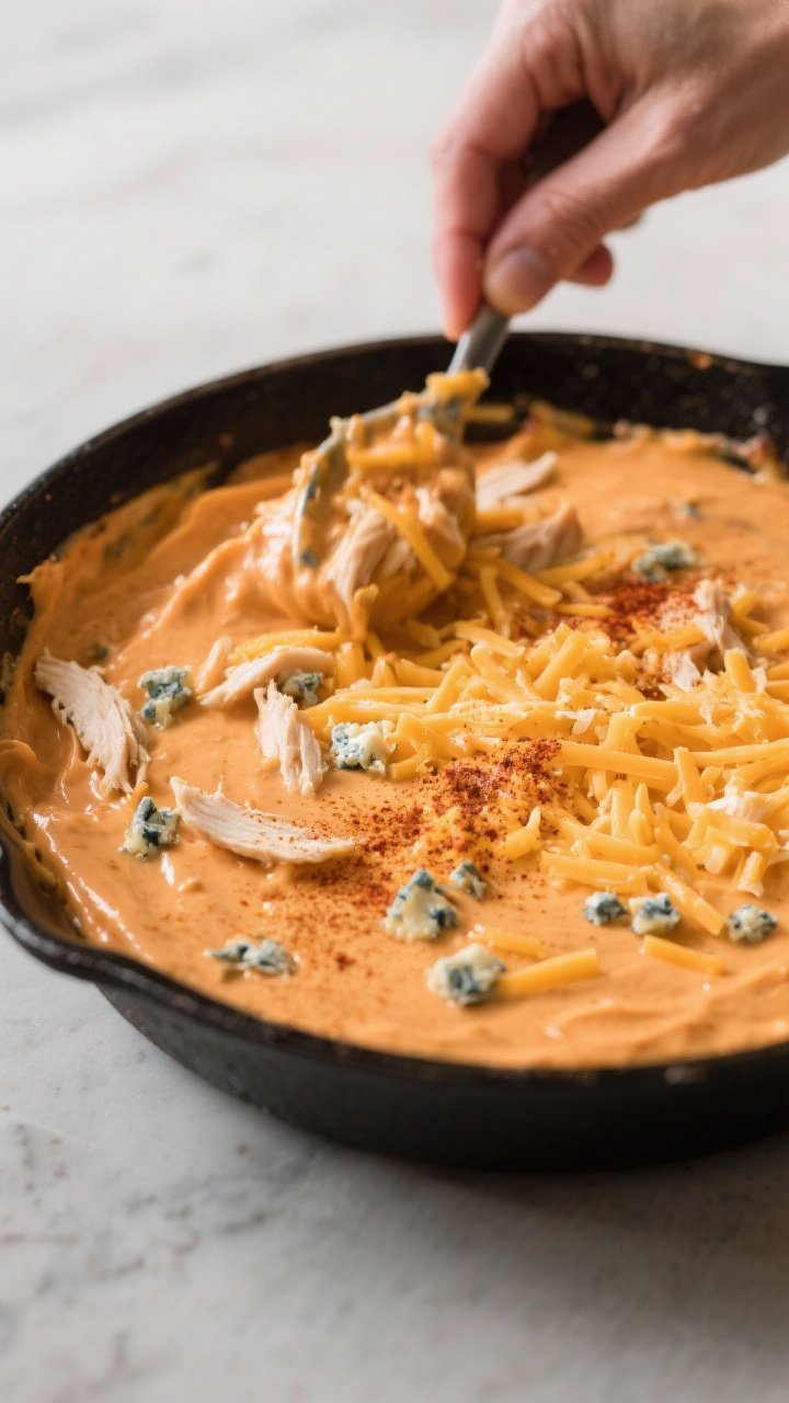 Cooking process: The dip mixture being spread into a 10-inch skillet before baking—fully combined 