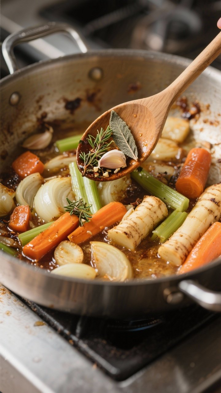 Cooking process: The sauté stage in a heavy pot where onion, carrots, parsnips, and celery are swea