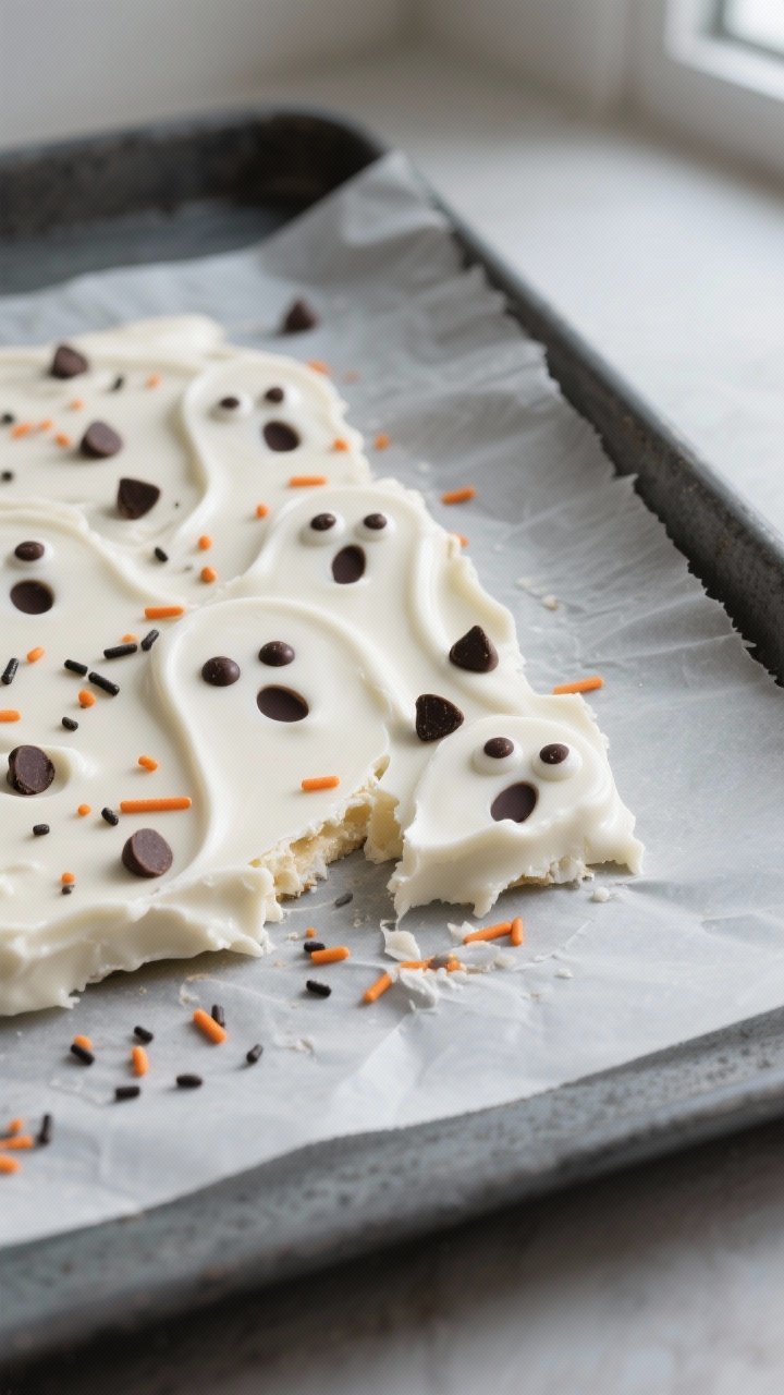 Cooking/process to plated transition: White Chocolate Ghost Bark being set on parchment—thin, even