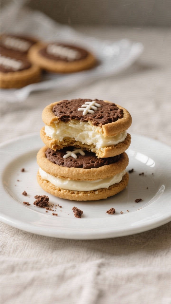 Final dish beauty: Hero plate close-up of 3 football cookie sandwiches stacked and slightly offset o