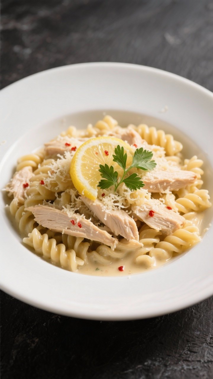 Final dish, plated presentation: Restaurant-quality bowl of Easy Parmesan Chicken Pasta plated in a
