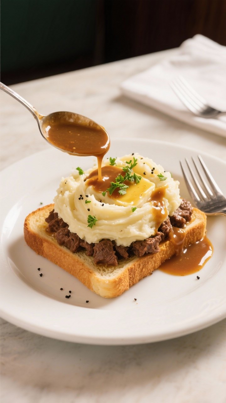 Final dish presentation: Beautifully plated open-faced Beef Manhattan on a wide white diner-style pl