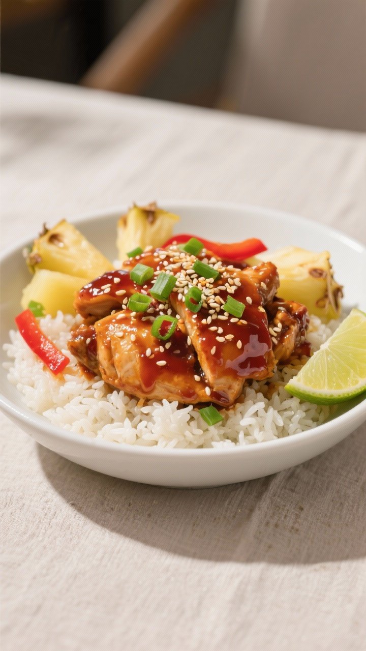 Final dish presentation: Beautifully plated Slow Cooker Sweet Chili Chicken over fluffy jasmine rice