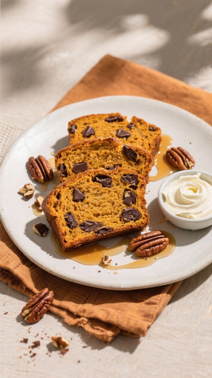 Final dish presentation: Beautifully plated thick slices of chocolate chip pumpkin bread fanned on a