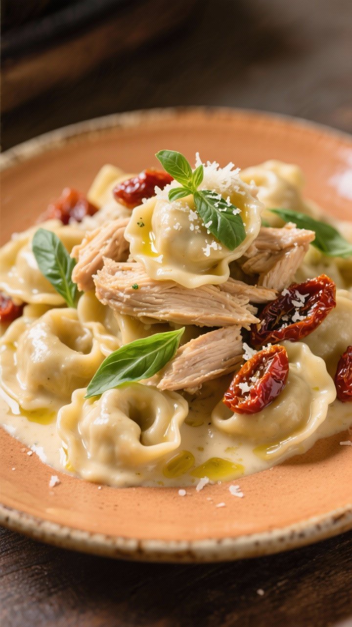 Final dish presentation: Beauty plate of Crockpot Chicken Tortellini styled Tuscan-style with add-in