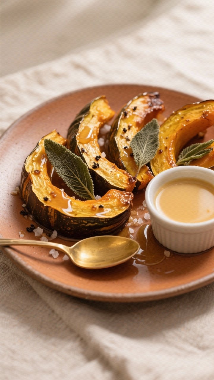 Final dish presentation: Brown-butter sage acorn squash wedges arranged in a fan on a warm ceramic p