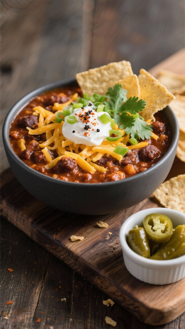 Final dish presentation: Restaurant-quality bowl of Football Tailgate Chili served thick and hearty,