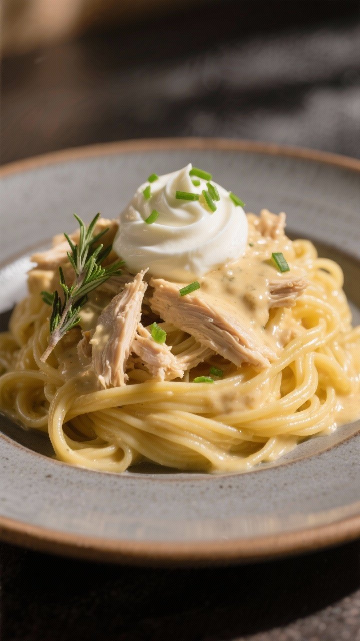 Final dish presentation: Restaurant-quality plate of buttered egg noodles topped with the creamy shr