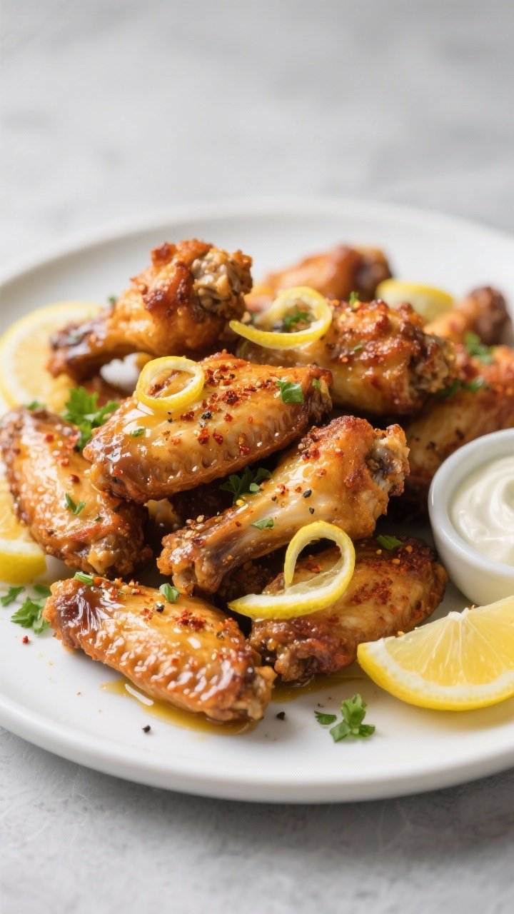 Final dish presentation: Restaurant-quality plate of Lemon Pepper Blast wings piled high on a matte 