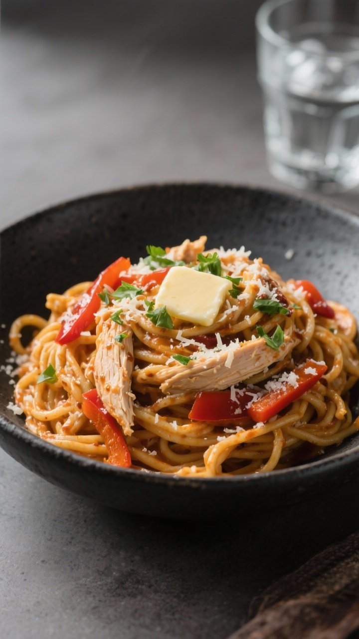 Final dish presentation: Restaurant-quality plate of Crockpot Cajun Chicken Pasta twirled high in a