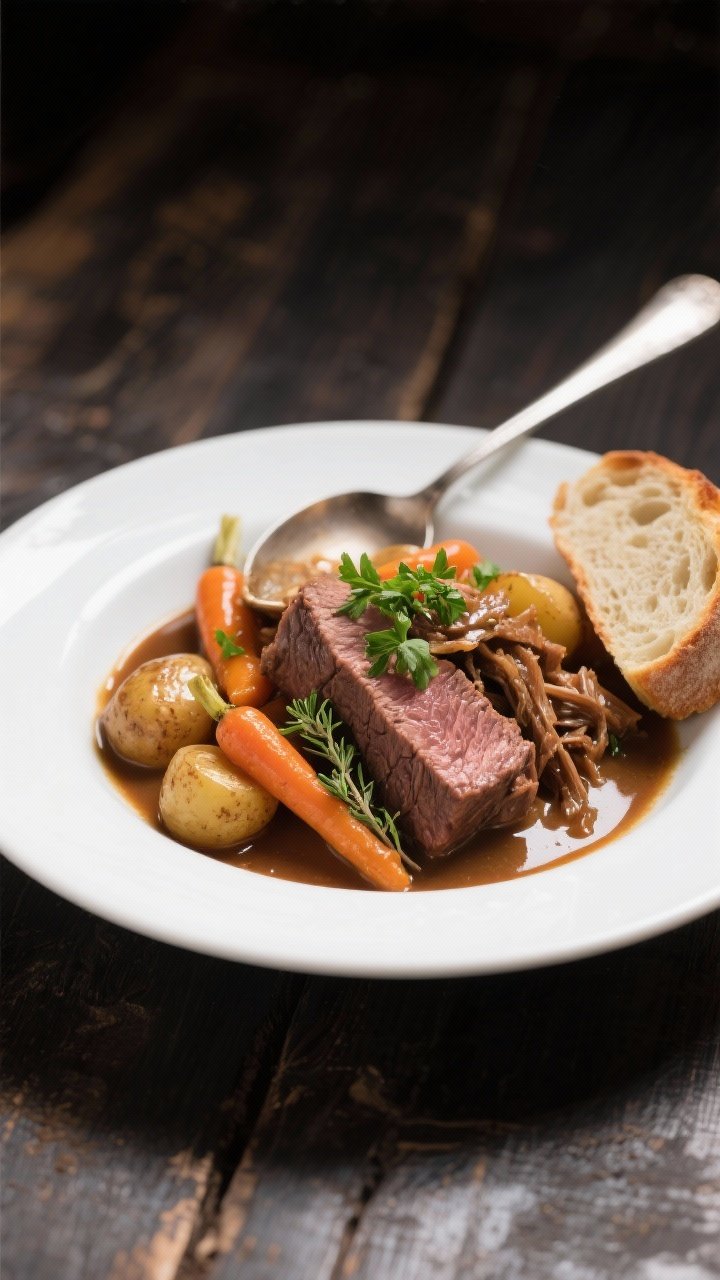 Final dish presentation: Restaurant-quality plated pot roast in a shallow white bowl—thick slices