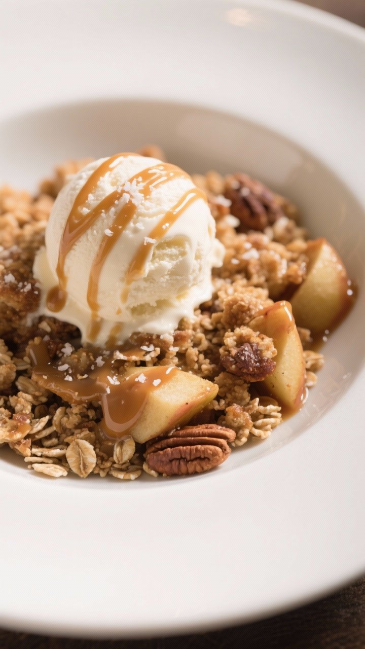 Final dish presentation: Restaurant-quality plated serving of caramel apple crisp in a shallow white