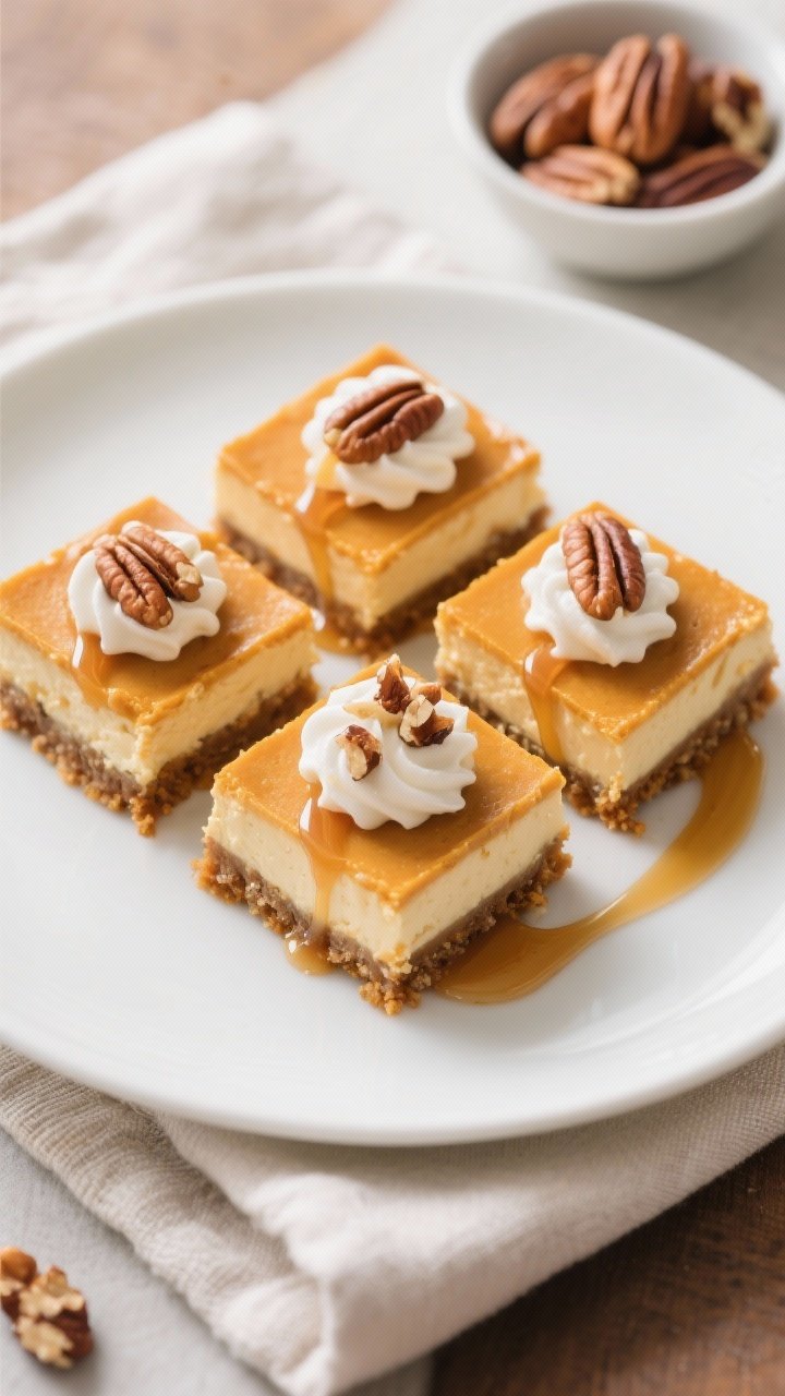 Final dish presentation: Restaurant-quality plated Pumpkin Cheesecake Bars arranged in neat 2x2-inch