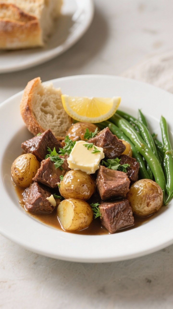 Final dish presentation: Restaurant-quality plated Crockpot Garlic Butter Beef Bites with Potatoes i