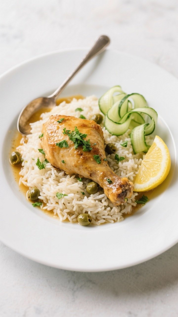 Final dish presentation: Restaurant-quality plating of Slow Cooker Lemon Herb Chicken and Rice—one