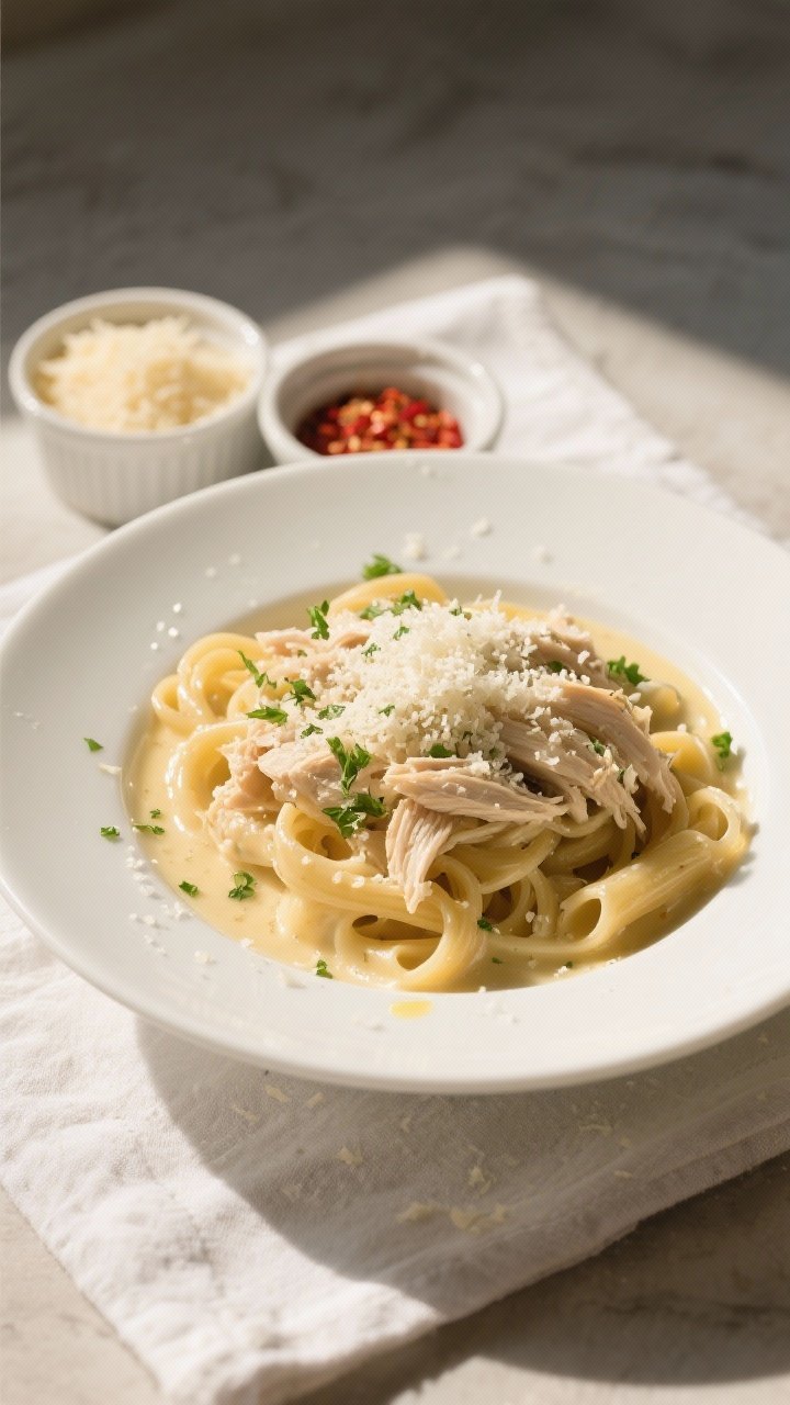 Final dish presentation: Restaurant-quality plating of Slow Cooker Parmesan Chicken Pasta in a wide,