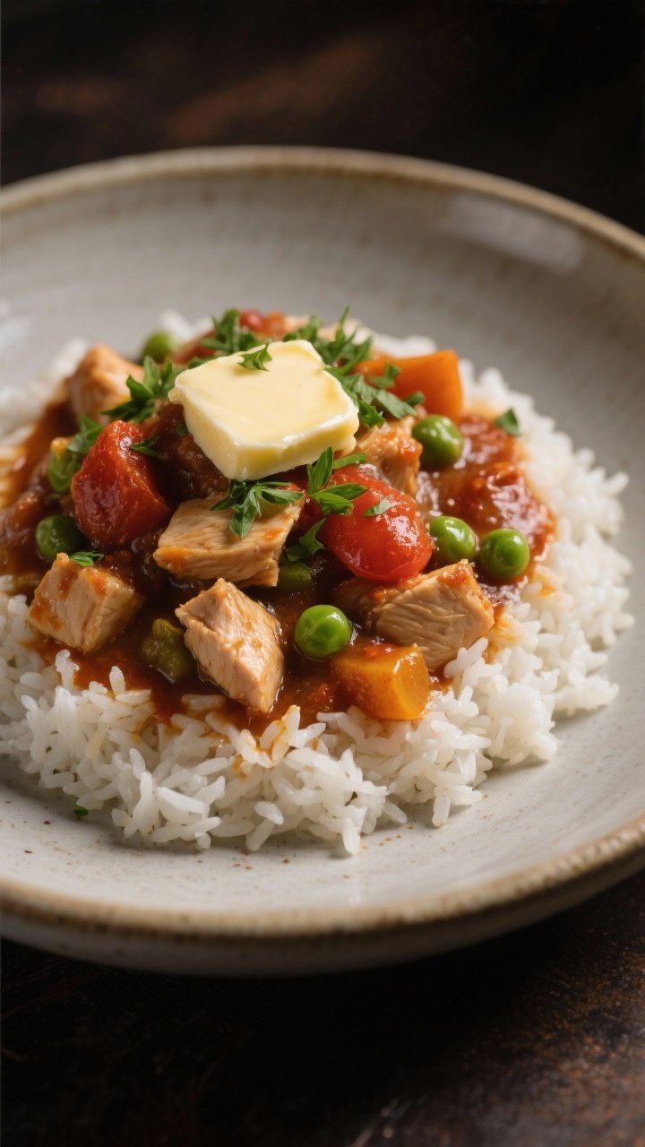 Final dish presentation: Restaurant-quality plating of the stew served over a bed of fluffy white ri