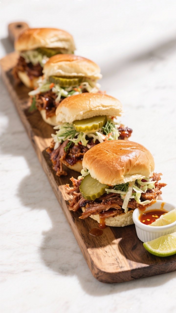 Final dish presentation: Restaurant-quality pulled pork sliders on toasted brioche buns, piled high