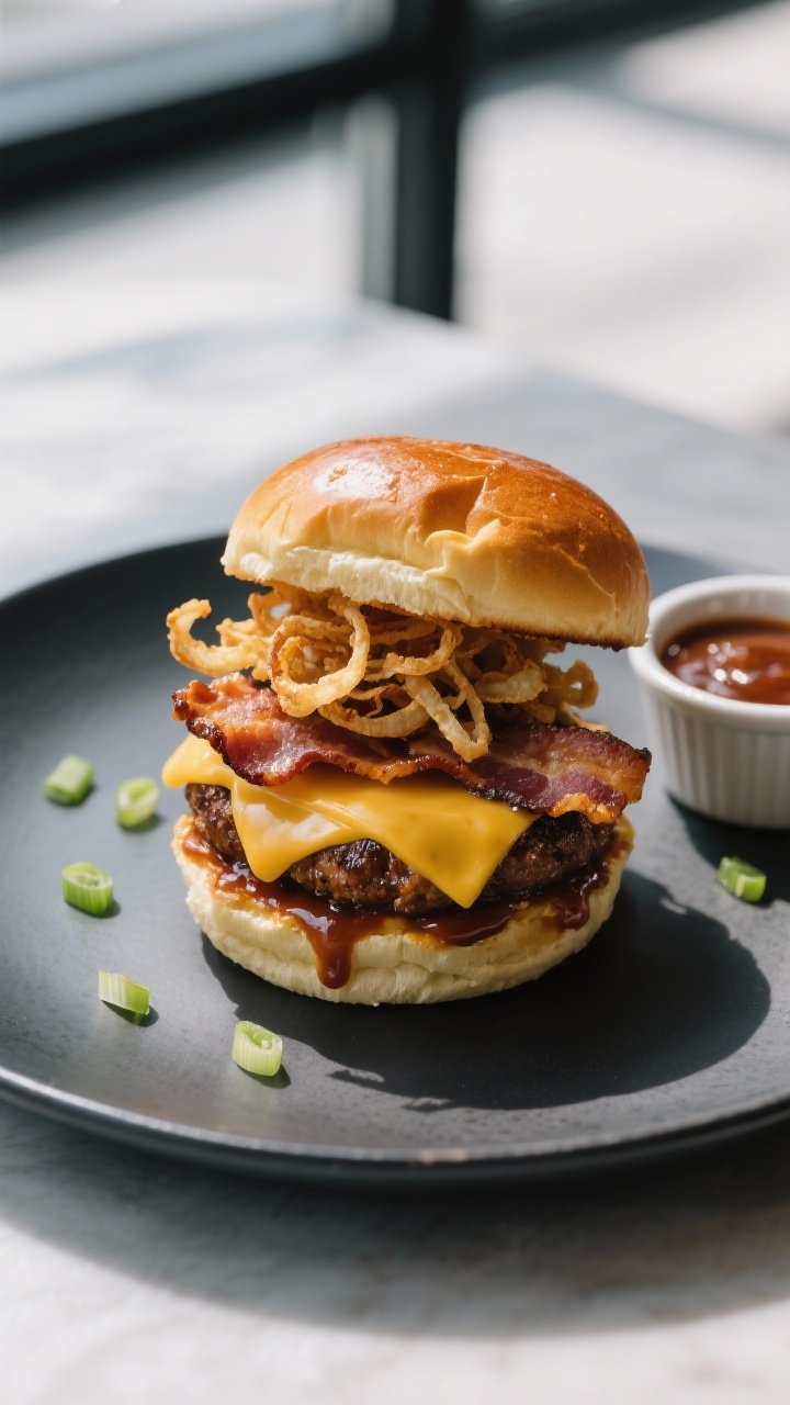 Final dish, stacked slider glamour: Beautifully plated BBQ Bacon Cheddar slider duo on a matte charc
