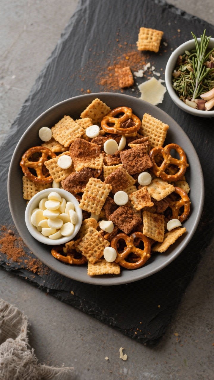 Final dish, tasty top view: “Pumpkin Spice Latte” Chex Mix presented snack-flight style in a wid