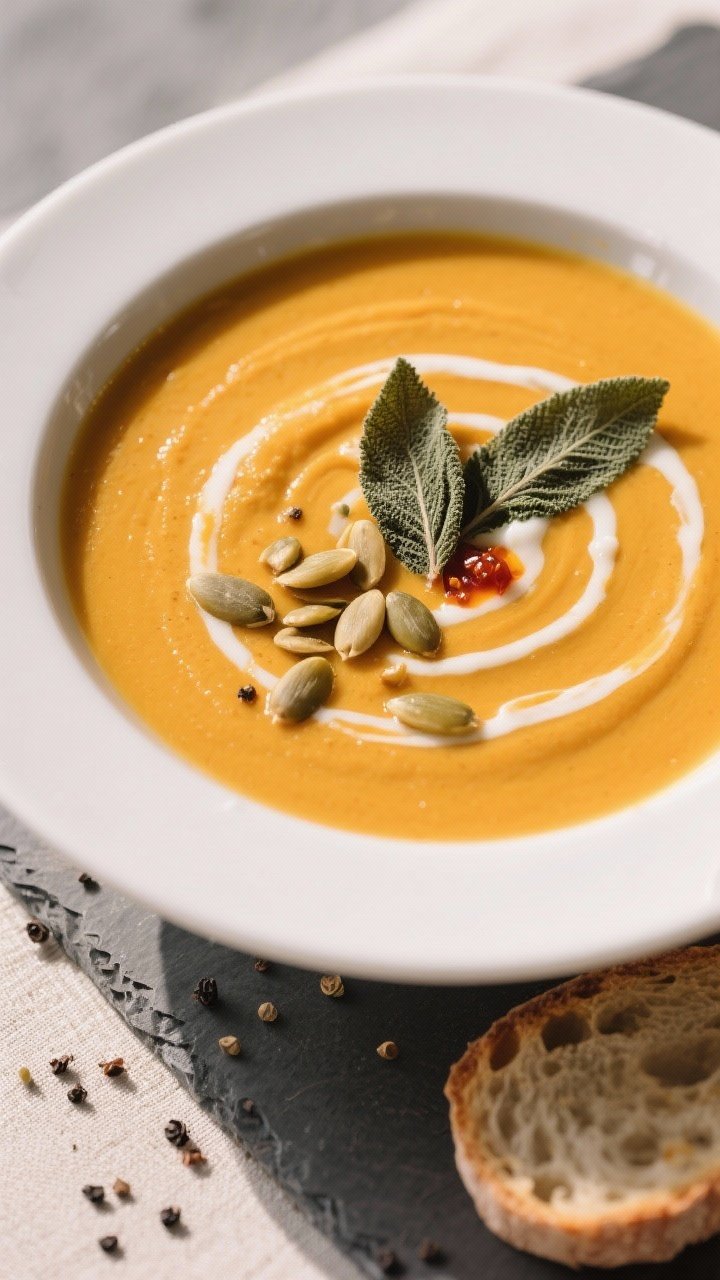 Final plated beauty — overhead presentation: Overhead shot of a bowl of Butternut Squash Soup with