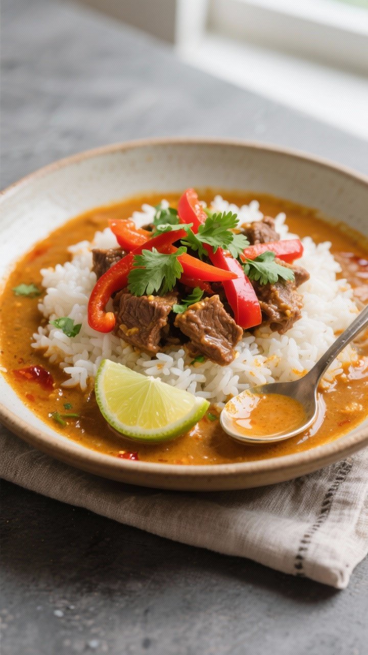 Final plated dish, restaurant-quality presentation: Bowl of Slow Cooker Beef Coconut Curry spooned o