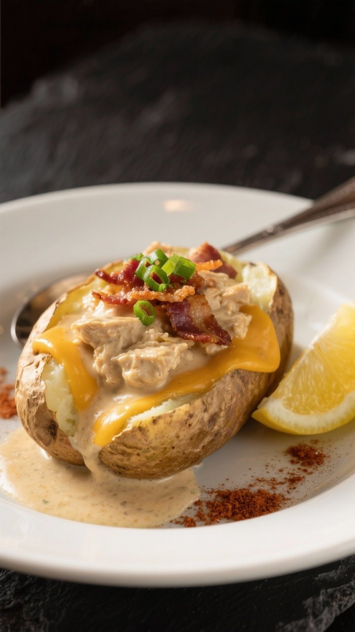Final plated dish: Restaurant-quality presentation of creamy crack chicken spooned over a fluffy bak