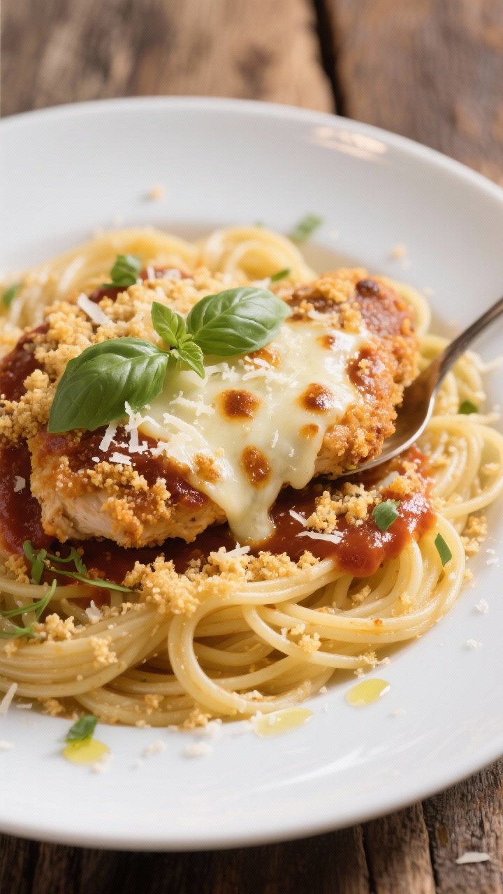 Final plated dish: Restaurant-quality presentation of Crockpot Chicken Parmesan over twirls of al de