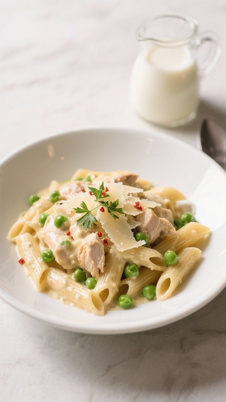 Final plated dish: Restaurant-worthy bowl of Crockpot Chicken Alfredo Pasta (penne) plated in a wide