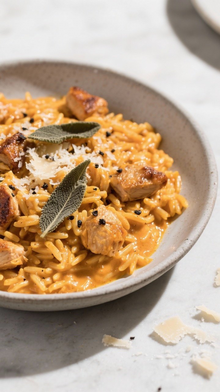 Final plated dish, tasty top view: One-Pot Creamy Pumpkin Chicken Orzo — overhead shot of a shallo
