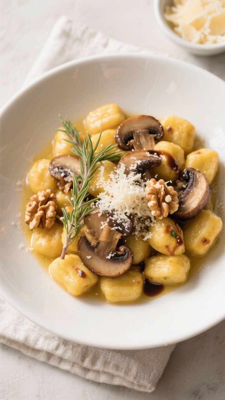 Final plated dish, top view: Garlic mushrooms & thyme pumpkin gnocchi plated in a wide, shallow whit